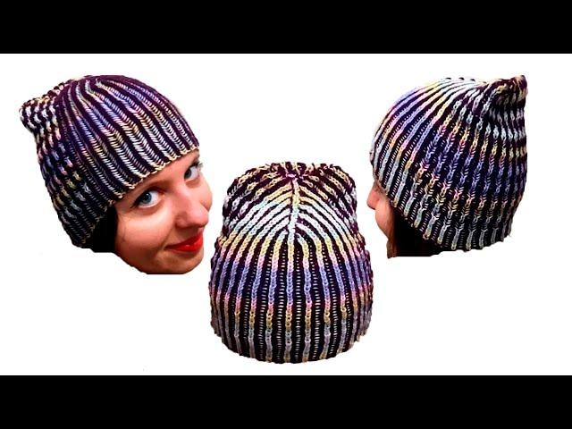 Женская шапка в технике Бриошь спицами. Часть 1 // Brioche Stitch // Women's hats knitting