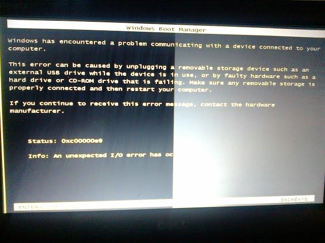 How to fix an unexpected IO error occured 0xc00000e9 on windows