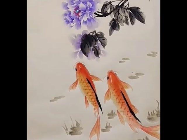 筆的走向決定魚的神態，繪畫完整過程值得學習  國畫牡丹鯉魚--guohuajifa