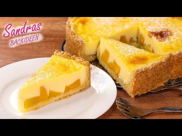 Pfirsichkuchen mit selbstgemachtem Pudding | Puddingkuchen mit Pfirsichen