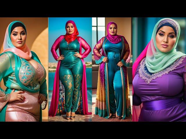 Plus-Size Muslim Woman in Glossy Colorful Outfit with Lace Mesh Hijab | AI Generated Model Lookbook