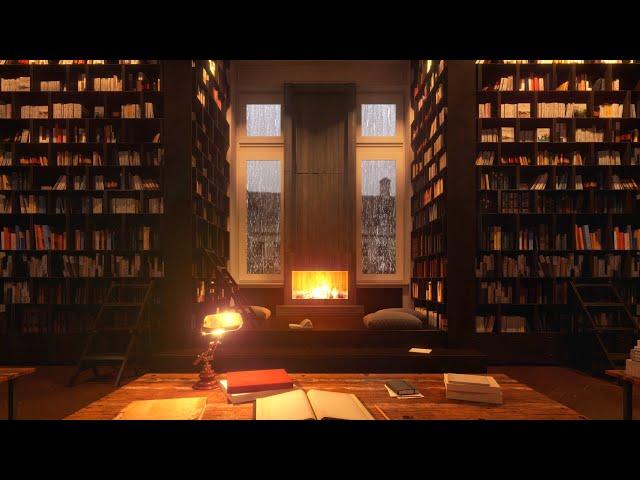 COZY Rainy Library with Fireplace | Videos made to study rather than sleep