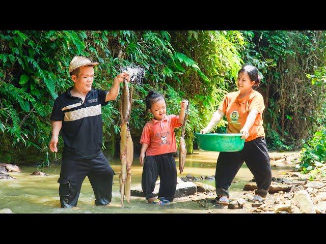 Dwarf family harvesting joy: make catfish fishing rods to goes to market sell - garden renovation