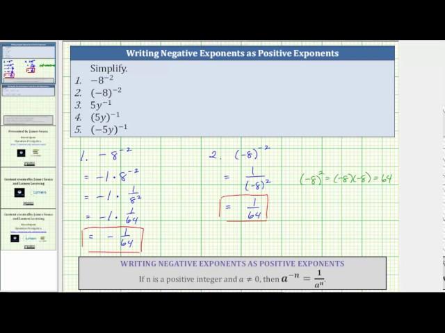 Simplify Basic Expressions with Negative Exponents: -8^(-3), (-8)^(-3), 5y^(-1), (5y)^(-1)