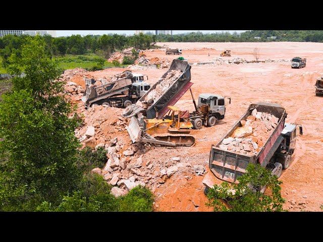 Powerfully KOMATSU Bulldozers Push Big Most Mountain Stone To Filling Up New Area With Dump Trucks