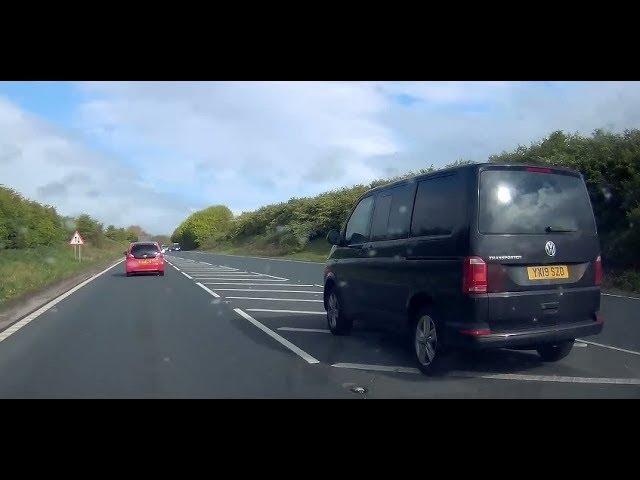 Idiot VW Transporter T32 H-Ln Tdi van driver YX19SZO nearly has a head on collision. A1079.