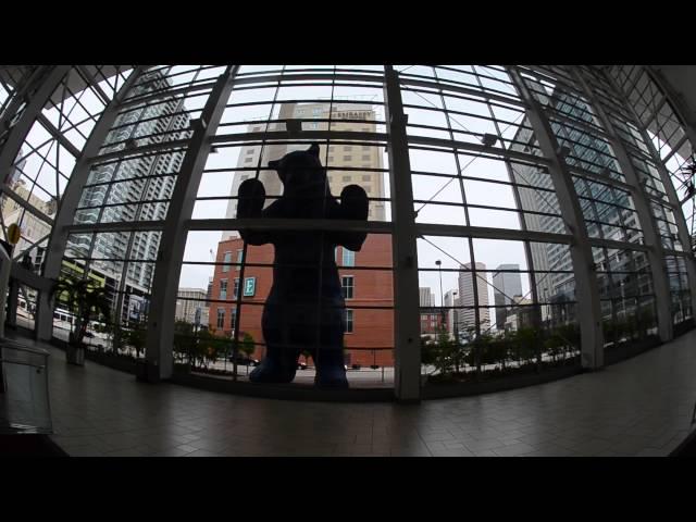 Giant Blue Bear looks into Denver Convention Center