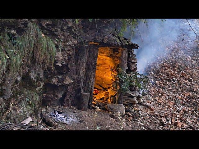 Building a Secret Cave Shelter for Winter Survival with fireplace,  Solo Bushcraft Camping