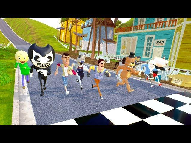 NEIGHBOR VS ICE SCREAM VS BENDY VS BALDI VS FREDDY VS GRANNY RACES - Hello Neighbor