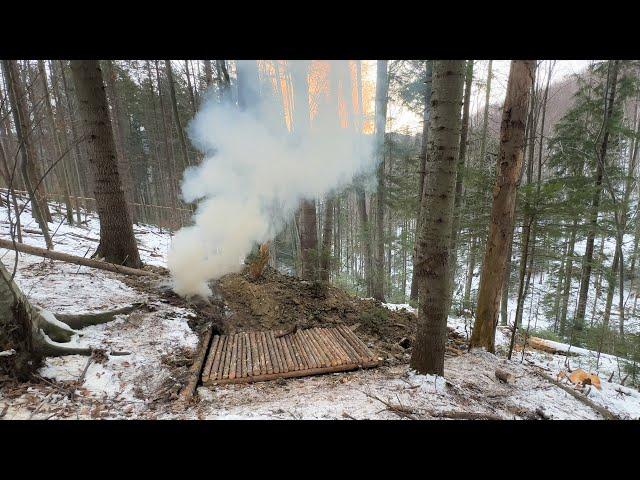 Building Underground Bushcraft Shelter for Survival in the Winter Forest, A Dugout Under the Roots