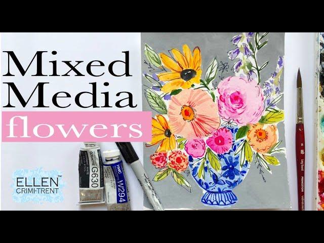 EASY Mixed Media Flowers with Watercolor  Tutorial