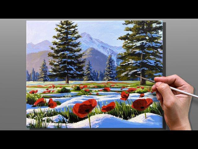 Acrylic Painting Winter Poppies Landscape | Time-lapse