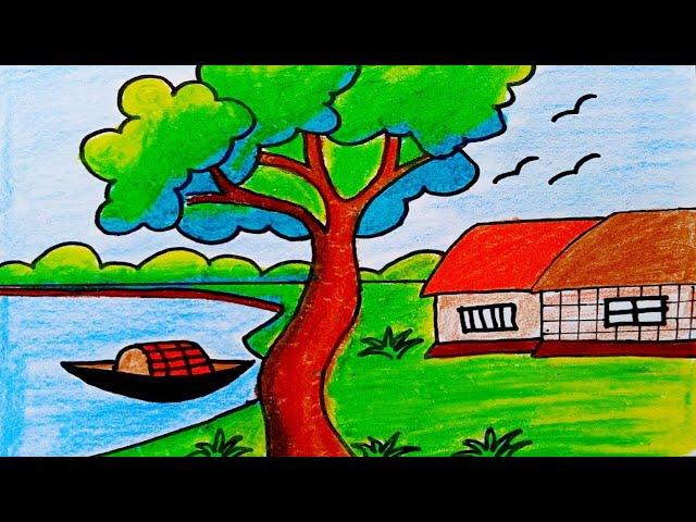 Easy landscape drawing for kids and beginners|Learn house and nature simple painting|River side draw