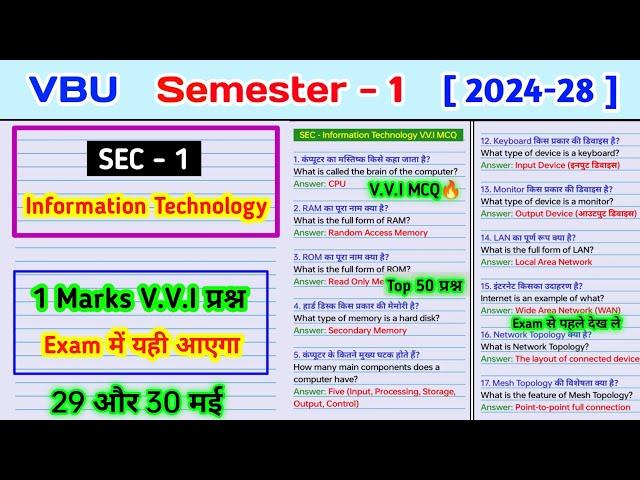 Vbu sem 1 sec information Technology important objective questions. Computer ka Arth paribhasha kary