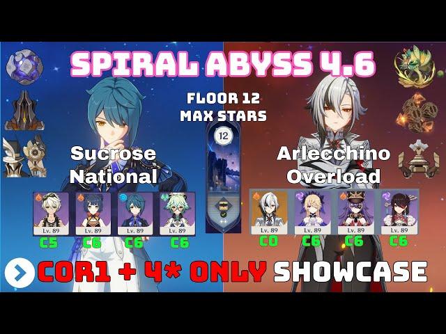 Arlecchino c0r1 with 4 Stars Only / Sucrose National - Floor 12 9* - Spiral Abyss 4.6