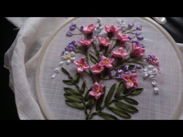 Hand embroidery. Ribbon work embroidery by hand. Ribbon embroidery flowers step by step.