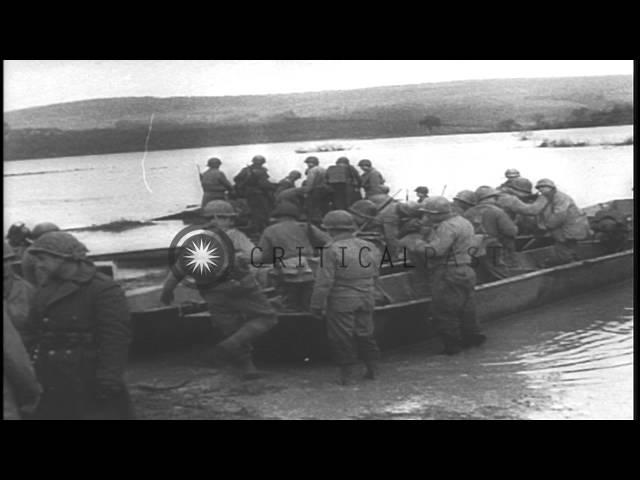 US troops and military vehicles cross the flooded Moselle River and advance in Ge...HD Stock Footage