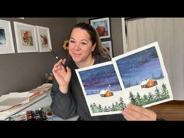 Watercolor Cabin in the Winter Woods (Easy Beginner landscape)