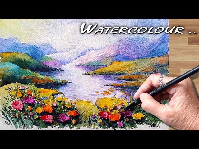  Mountains and Lake Watercolor Landscape Painting Tutorial | जलरंग निसर्गचित्र पेंटिंग