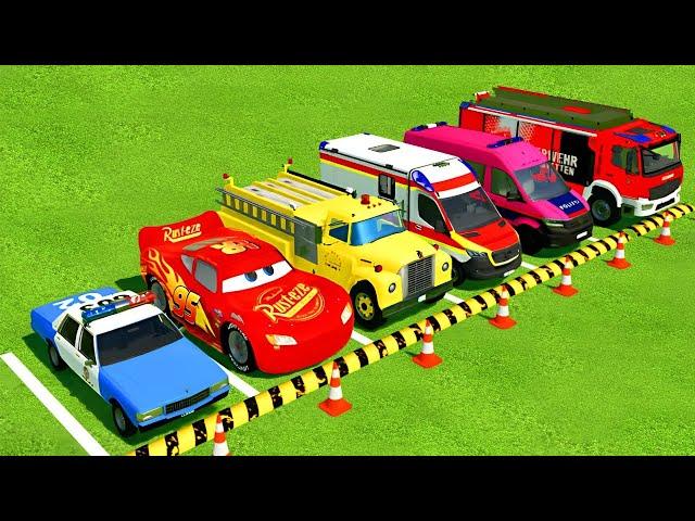 TRANSPORTING CHEVROLET, MCQUEEN CAR, FIRE TRUCKS and AMBULANCE VEHICLES with SCANIA TRUCKS !! FS22