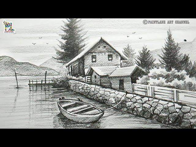 River side Houses in a Scenery Art with Pencil || Easy Pencil Art