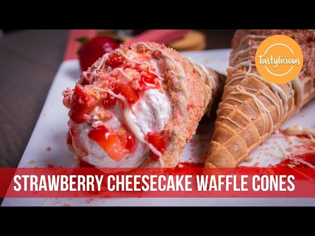 Delicious Strawberry Cheesecake Stuffed Waffle Cone Recipe | Easy Dessert Recipes