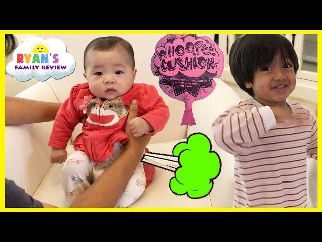 Twin Babies Fart with Kids Farting Toy Prank Whoopie Cushion! Ryan's Family Playtime with baby