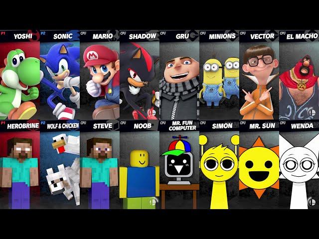 Sonic vs Mario vs Steve vs Herobrine vs Noob | Minecraft vs Sprunki | Super Smash Bros Ultimate