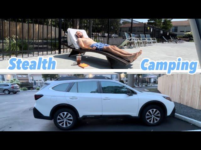 Stealth Car Camping In a Hotel Parking Lot || Fun In the Sun || Cooking Steak on the Grill