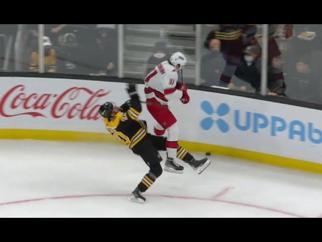 Andrei Svechnikov reverse hit on Curtis Lazar