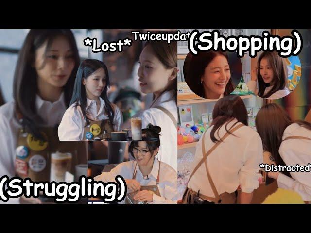 twice barista struggling meanwhile sana and jihyo are distracted *shopping* while working