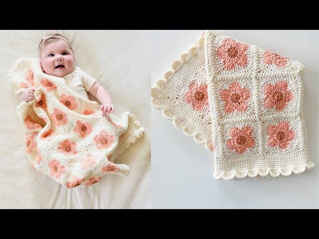 Crochet Desert Blush Field of Daisies Baby Blanket