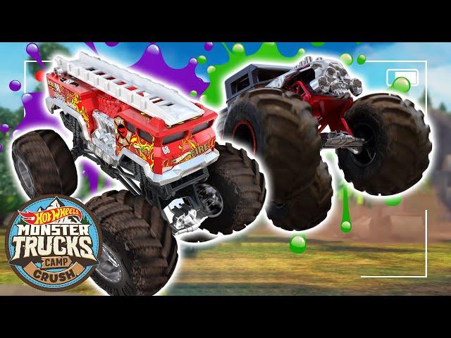 Messy Monster Trucks at Camp Crush! + More Hot Wheels Monster Truck Videos for Kids