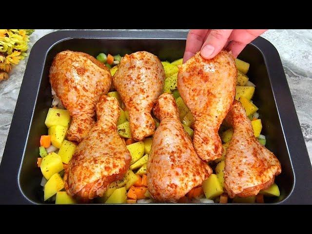 Healthy and delicious dinner for the family Baked chicken legs with potatoes and riceSimple recipe