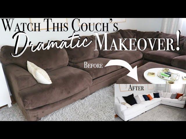 DIY Couch Makeover ~ How to Reupholster a Sectional Couch ~ Dramatic Furniture Transformation