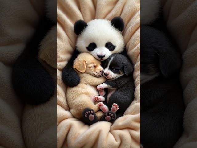 Adorable Baby Panda Cuddles Two Sleeping Puppies  | Cutest Friendship Ever! 