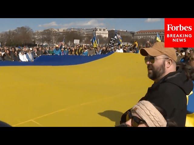 JUST IN: Protesters Unfurl Large Ukrainian Flag In Front Of The White House