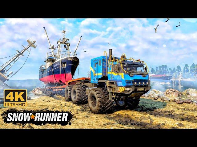 Azov 4220 Offroad Truck Towing a Fishing Boat on Dangerous River Road In SnowRunner #snowrunner #4k