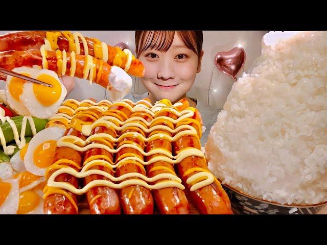 ASMR Cheese Mayo Sausage Fried Egg Grilled Green Onion【Mukbang/ Eating Sounds】【English subtitles】