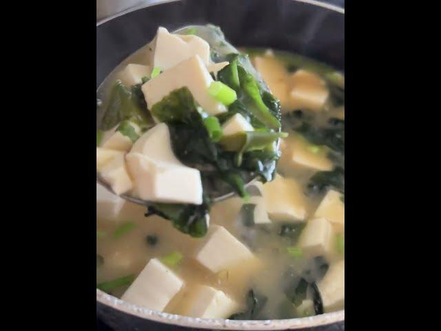 Miso Soup w/ Tofu  Simple. & Delicious. Water, Soft Tofu, Miso Paste, Dried Wakame & Green Onions.
