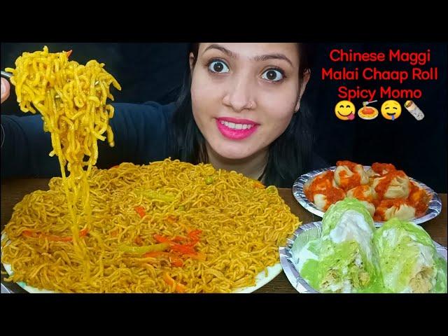 Eating Chinese Maggi Masala, Malai Soya Chaap Roll, Spicy Momo | Indian Street Food Eating Mukbang