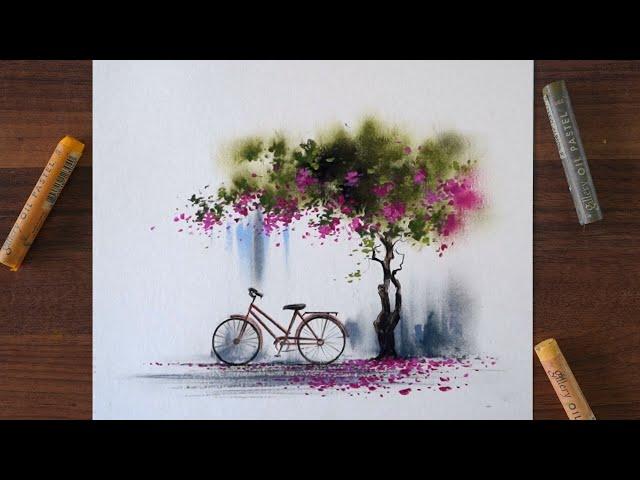 Beautiful oil pastel painting with a flower tree | step by step tutorial for beginner