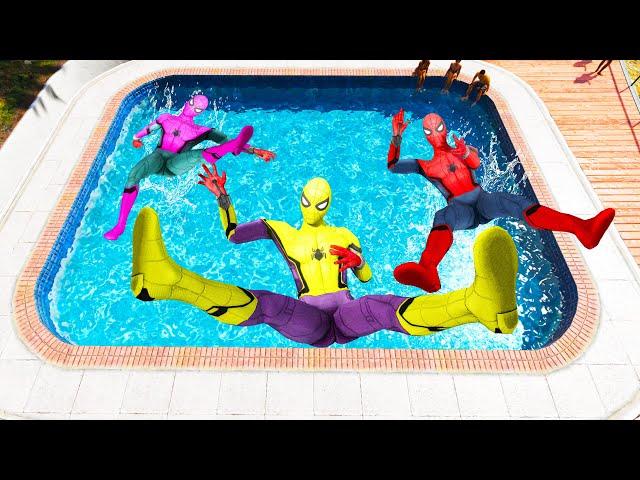 GTA 5 Rainbow Yellow Vs Pink & Red  Spiderman Jumping Into Pool (Euphoria Physics/Ragdolls) #1