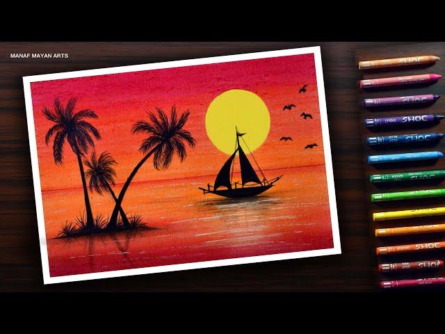 Sunset Scenery Drawing | Tutorial for Beginners with Wax Crayons #197