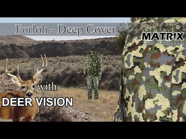 Forloh Deep Cover hunting camo in Human and Deer Vision on 14 Backgrounds