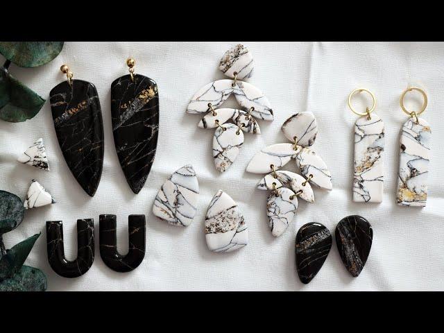 Polymer Clay Black & White Gold Marble Howlite Stone Earrings | Polymer Clay Earrings For Beginners