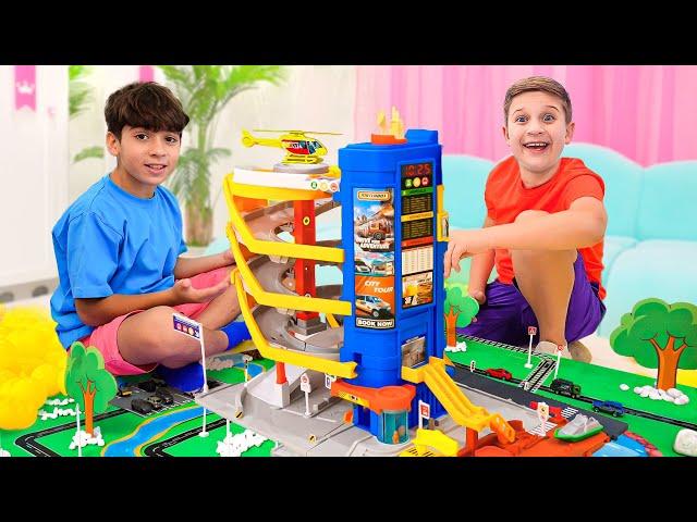 Roma and Friend play with Toy Cars and Build Matchbox City