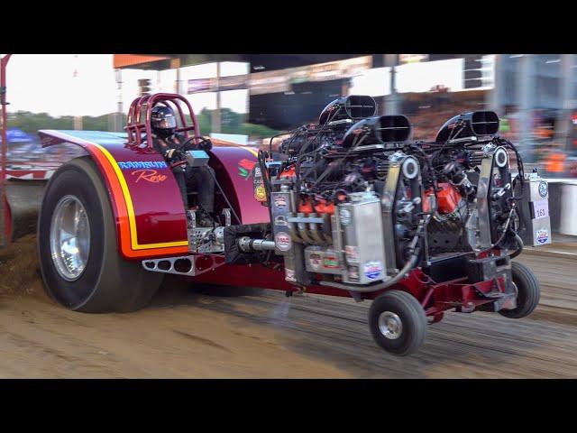 2023 Multi Engine Super Modified Tractor Pulling action from Goshen, IN Elkhart County Fair Pull.