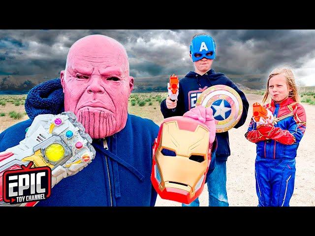 Hero Kidz: Thanos Iron Gauntlet vs Kids with Nerf Blasters - Avengers Pretend Play