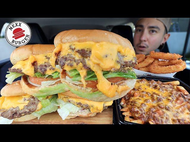 MUKBANG EATING NEXX BURGER CHEESEBURGERS CHEESY CHILLI CHEESE FRIES CRISPY ONION RINGS DONUTS ASMR